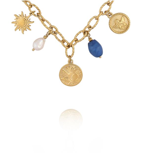 Naszyjnik z zawieszkami – słońce, medale i niebieskie talizmany NSY0734