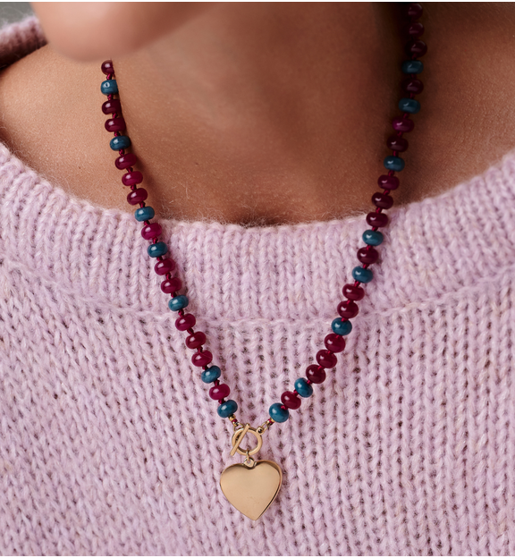 Naszyjnik z jadeitu w odcieniach burgundu i granatu z pozłacanym sercem NPA1588