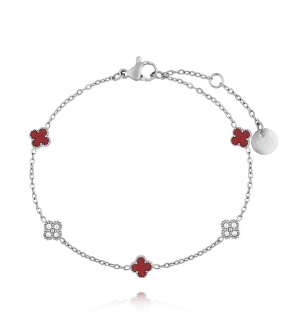 Bransoletka srebrna z czerwonymi koniczynkami i cyrkoniami BSY0540