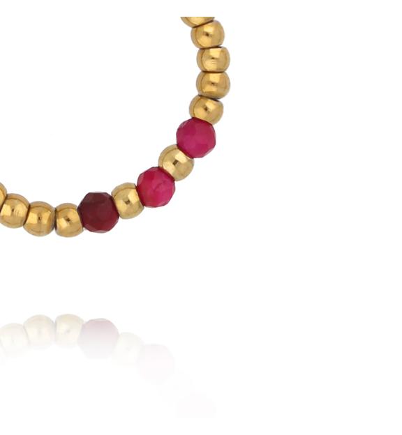 Pierścionek elastyczny ze złotych kuleczek z fuksjowym tygrysim okiem PTW0620