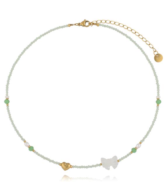 Naszyjnik z jadeitów, perełką i zawieszkami – motylek i serce NPA1432