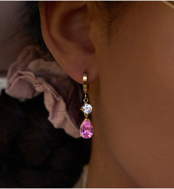 Kolczyki złote z różowym kryształem Pink Teardrop KSC0125