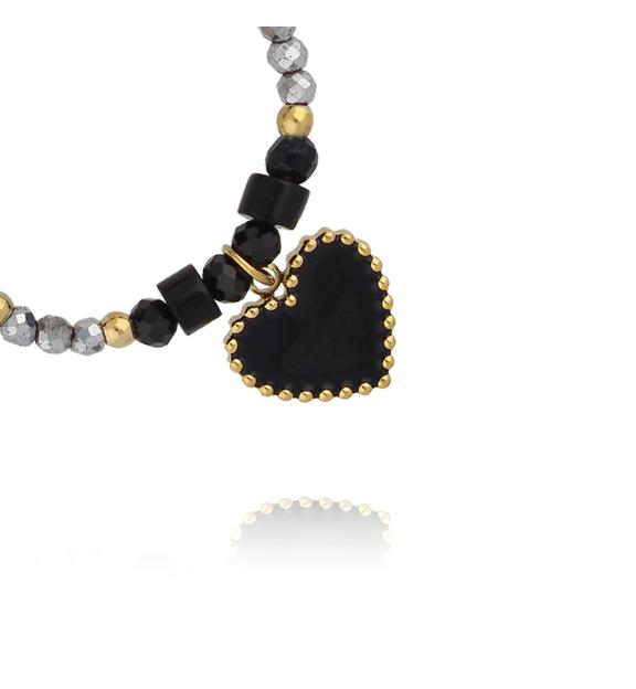 Pierścionek z czarnych kamieni z zawieszką serca PTW0647