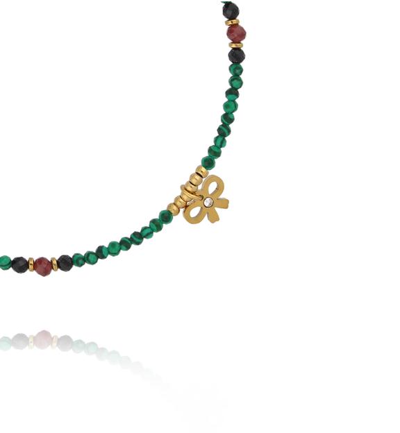 Bransoletka z malachitu, granatu i czarnego turmalinu ze złotą kokardką BTW3510