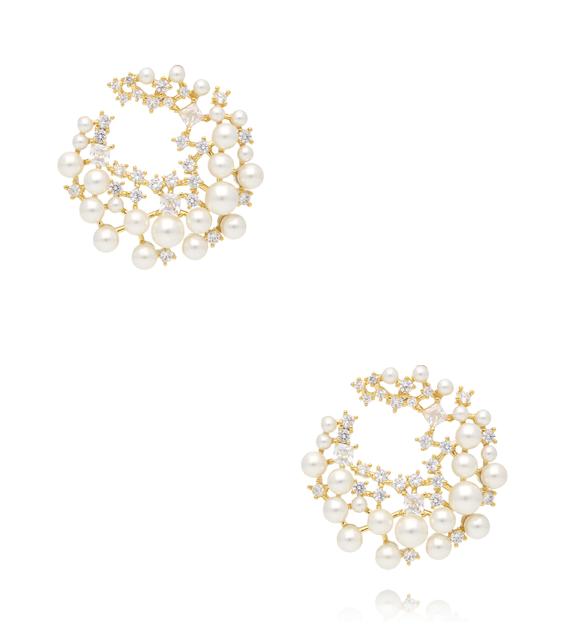 Kolczyki złote z perłami i cyrkoniami w kształcie księżyca KSS2170