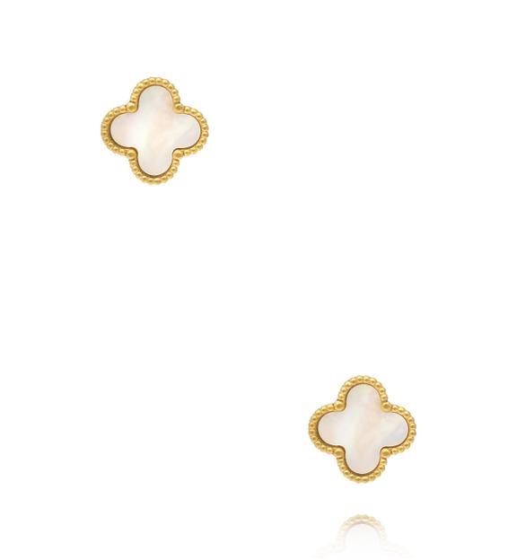 Kolczyki koniczynki z masą perłową w złotej oprawie KSY0660