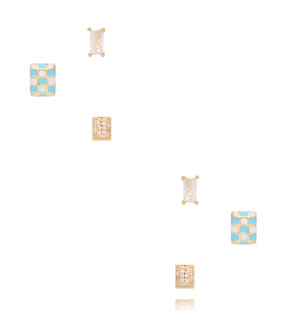 Zestaw kolczyków złoconych – geometryczny mix z emalią i cyrkoniami KMB0013