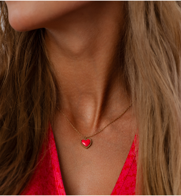 Naszyjnik złoty z sercem i fuksjową emalią Enamel Heart NSA1113