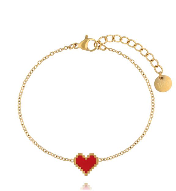 Bransoletka z czerwonym pikselowym sercem na złotym łańcuszku BSY0631