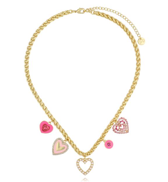 Naszyjnik złoty z różowymi sercami NS0429