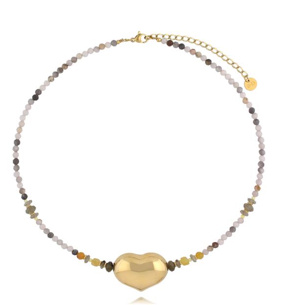 Naszyjnik z labradorytu, żółtego opalu i szarego jadeitu z pozłacanym sercem NPA1548
