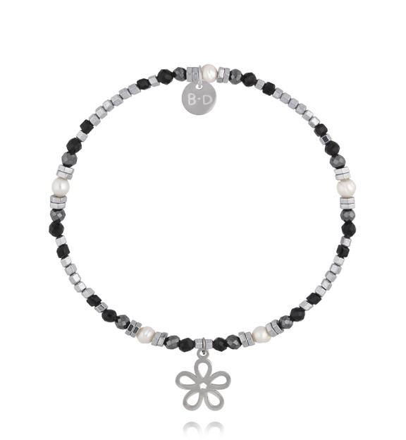 Bransoletka z hematytu, czarnego turmalinu i pereł z zawieszką kwiatka BTW3679