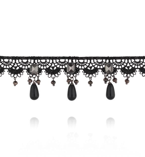 Choker czarny koronkowy z kryształami i kroplami onyksu NLU0047