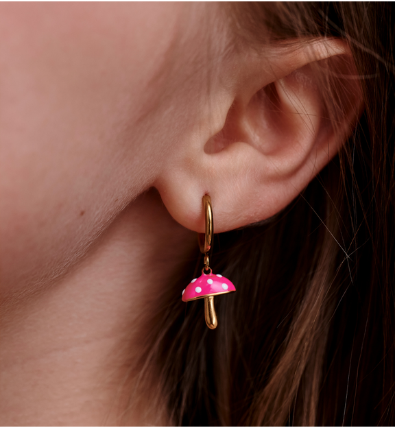 Kolczyki koła z zawieszką w kształcie różowego muchomorka KSY0673