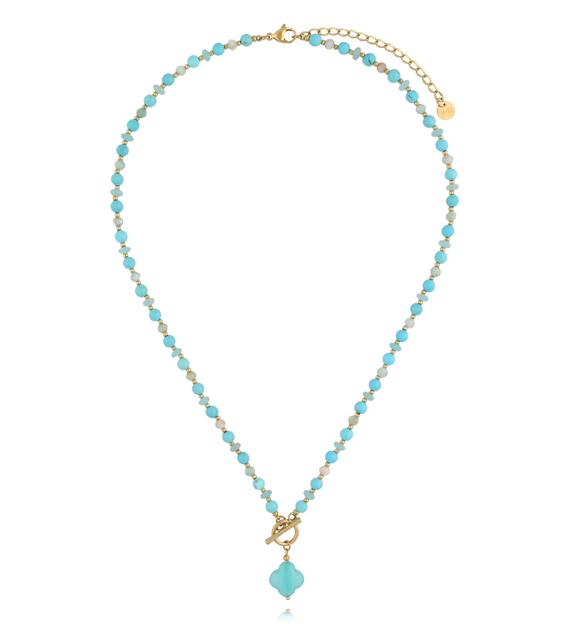 Naszyjnik z amazonitu i niebieskiego jadeitu z zawieszką koniczynki NPA1617