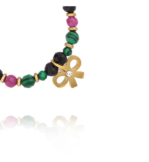 Pierścionek elastyczny z malachitem, turmalinem i rubinem z zawieszką kokardki PTW0629