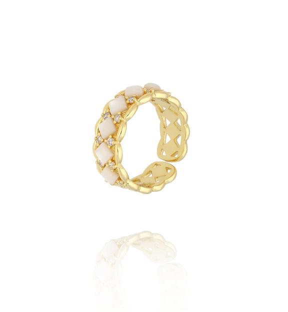 Pierścionek złocony regulowany z masą perłową i kryształami PSS0216