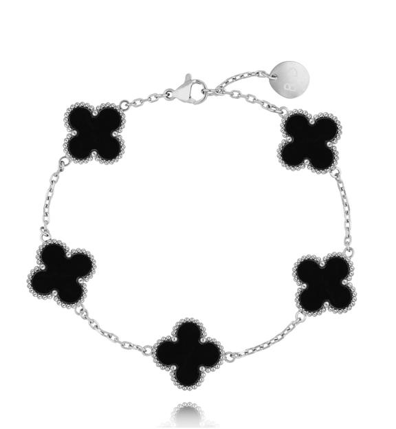 Bransoletka z czarnymi koniczynkami srebrna Clovers BSY0123