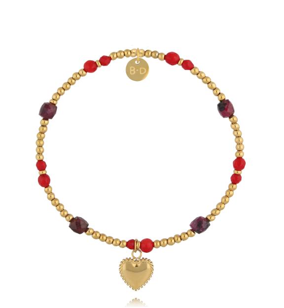 Bransoletka z czerwonym koralem i granatem z zawieszką serca BTW3554
