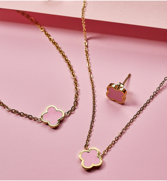 Kolczyki koniczynki z różową emalią Heureux KSA1483