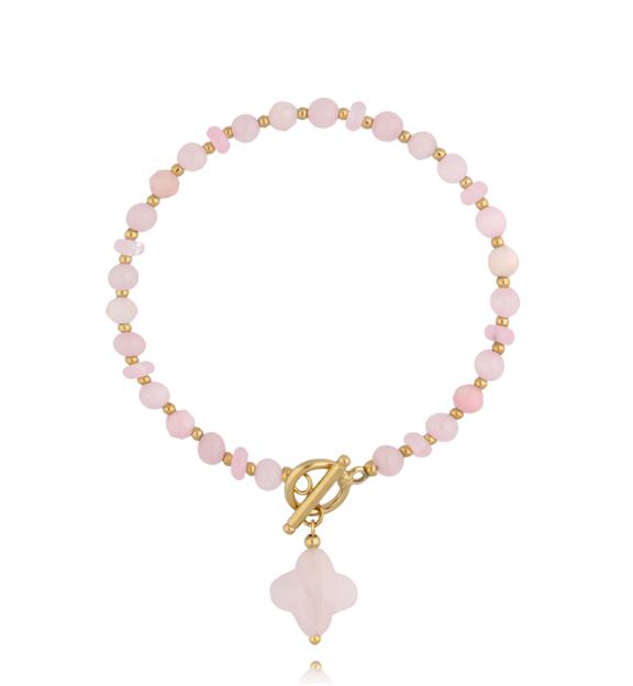 Bransoletka z kwarcami różowymi z koniczynką i złotym zapięciem BPA0635