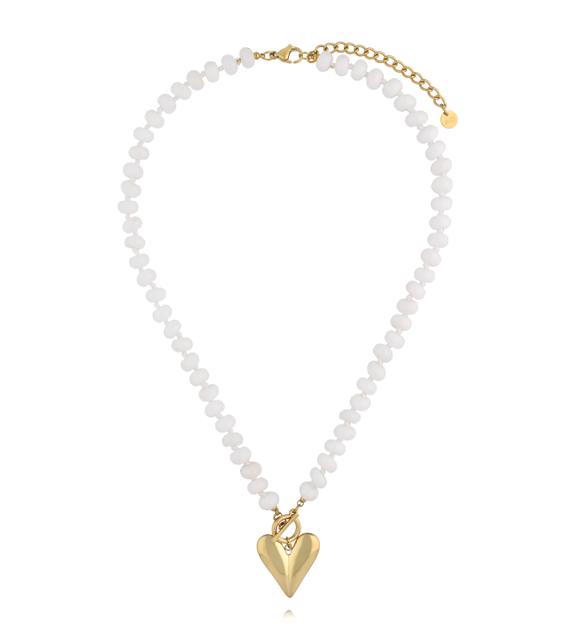 Naszyjnik z białego jadeitu z pozłacanym sercem NPA1596