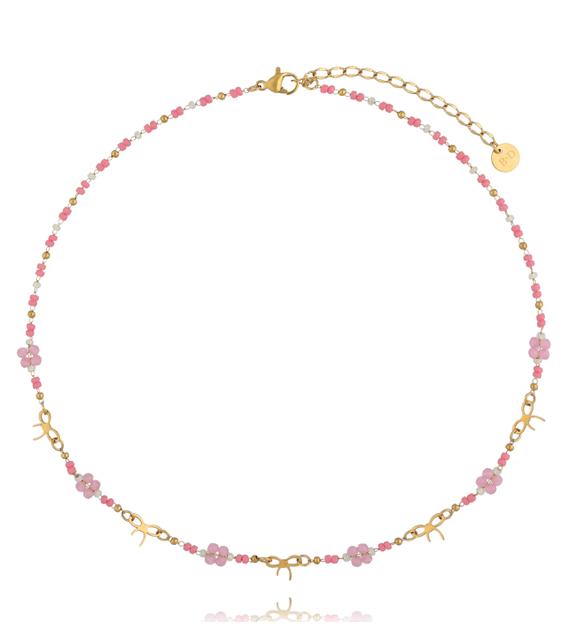 Naszyjnik z różowych koralików z kwiatkami NSY0826