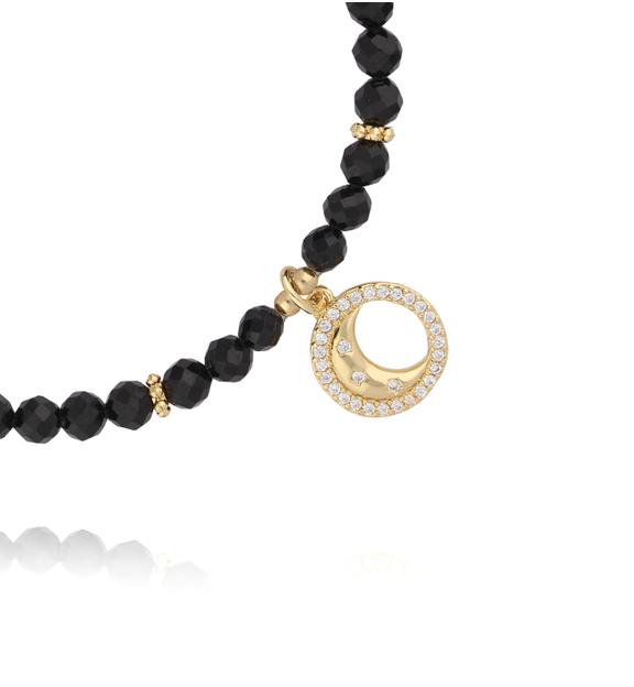 Bransoletka z czarnych agatów z zawieszką księżyca BTW3614