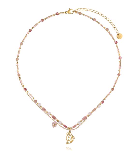 Naszyjnik z kamieniami w odcieniach różu z zawieszką motyla NSY0827