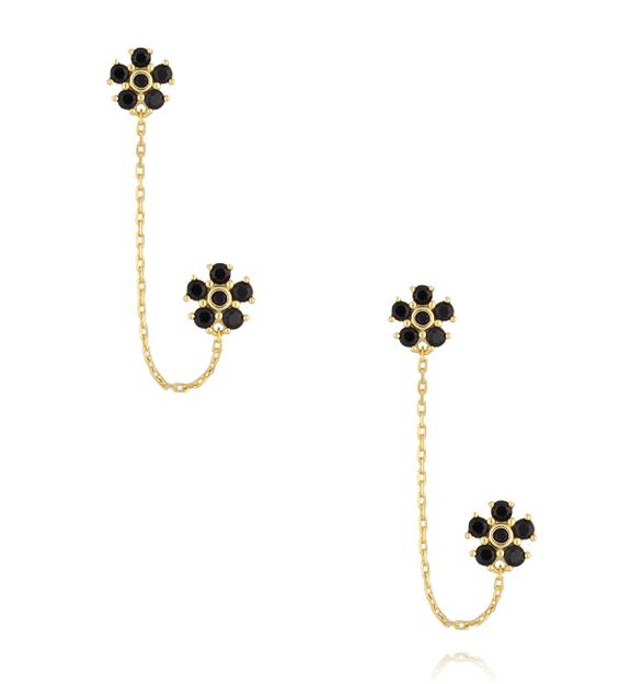 Kolczyki kwiatuszki czarne podwójne z łańcuszkiem KLT0056