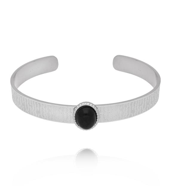 Bransoleta srebrna open cuff z  czarnym agatem BSY0481