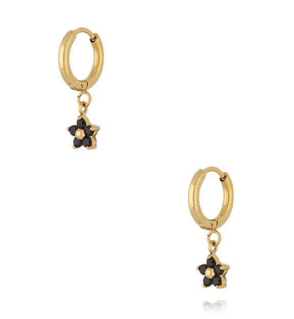 Kolczyki kółka ze złotą zawieszką w kształcie kwiatka z czarnymi cyrkoniami KSA2483