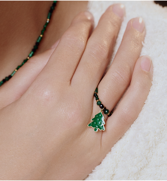 Pierścionek elastyczny zielony z choinką PTW0524