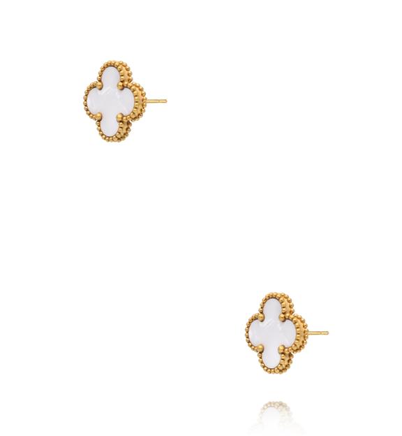 Kolczyki koniczynki z masą perłową w złotej oprawie KSY0667