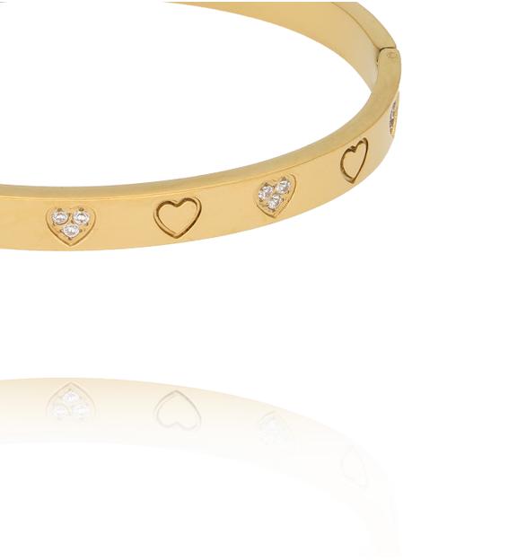 Bransoletka złota obręcz z cyrkoniami i sercami BSY0656