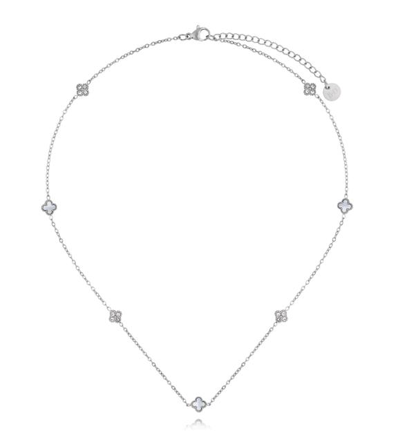 Naszyjnik srebrny z koniczynkami z masy perłowej i cyrkoniami NSY0740