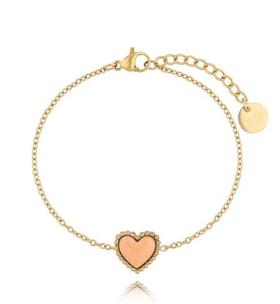 Bransoletka złota z sercem i brzoskwiniową emalią Enamel Heart BSA0595