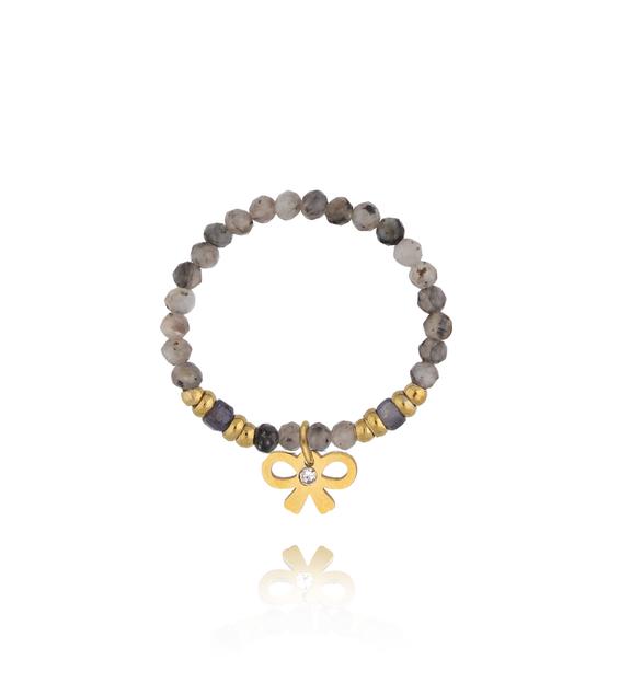 Pierścionek z labradorytu i złotą kokardką PTW0578