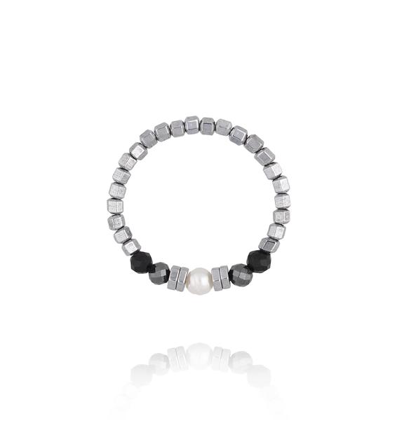 pierścionek z hematytu, czarnych kamieni i perły PTW0648