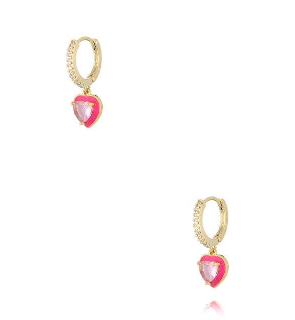 Zestaw złoconych kolczyków z sercem i różową emalią KMB0067