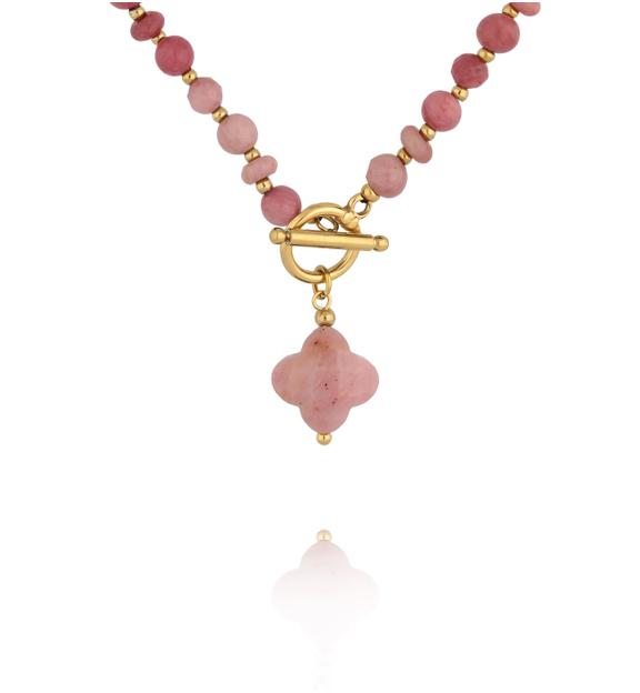 Naszyjnik z rodonitu z zawieszką koniczynki NPA1610