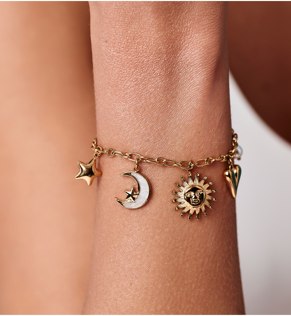 Bransoletka złota z zawieszkami – serce, słońce, księżyc i gwiazda BSH0210