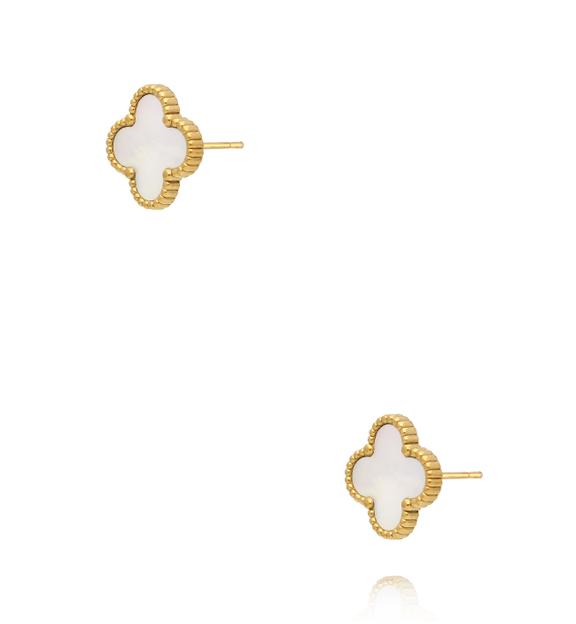 Kolczyki koniczynki z masą perłową w złotej oprawie KSY0665