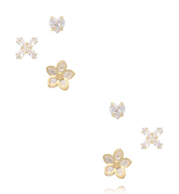 Zestaw złoconych kolczyków z cyrkoniami – serce, kwiat i motyl KMB0028