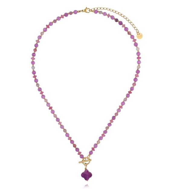 Naszyjnik z  fioletowego jadeitu z zawieszką koniczynki NPA1616