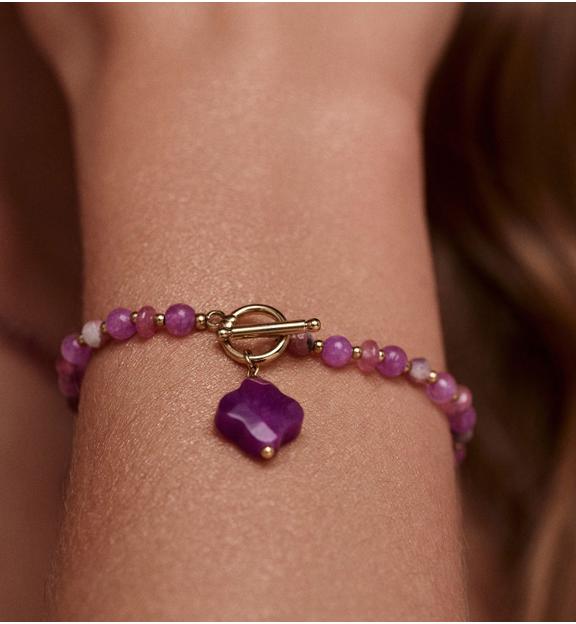 Bransoletka fioletowa z koniczynką i złotym zapięciem BPA0642