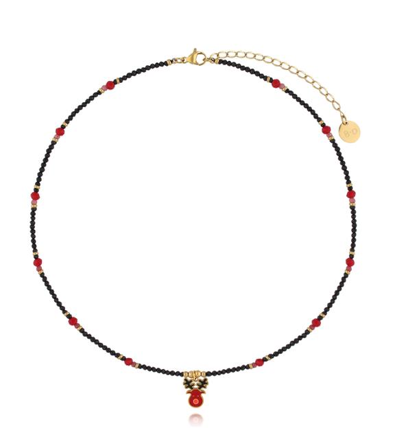 Naszyjnik z czarnych i czerwonych koralików z reniferem NTW1399