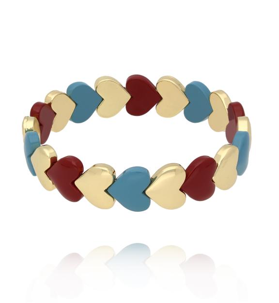 Bransoletka elastyczna z serduszkami w odcieniach błękitu, bordo i złota BCR0086
