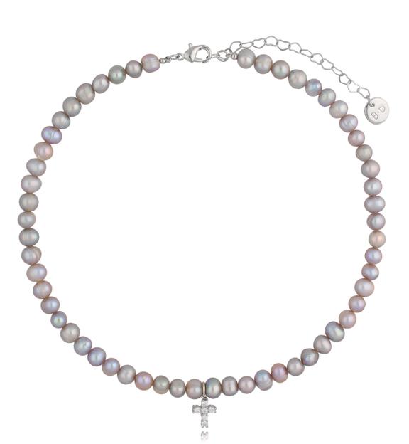 Naszyjnik z szarych pereł z zawieszką - krzyżyk Double Silver Pearls NPE0091