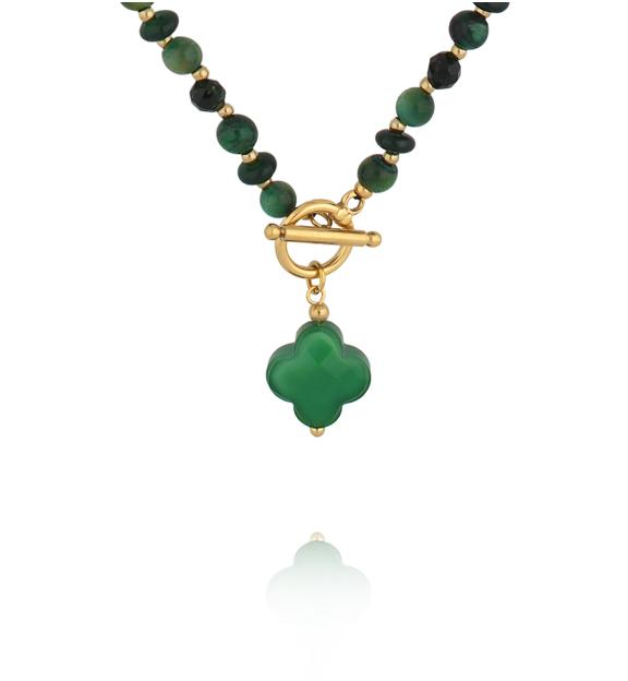 Naszyjnik z zielonym tygrysim okiem i jadeitami z koniczynką NPA1620